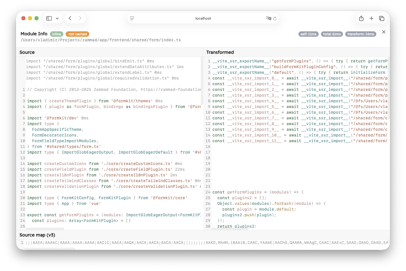 The module info view for an internal module